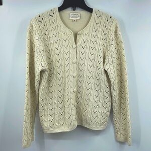 Vintage 90’s Susan Bristol Cream Open Knit Chevron Cable Cardigan Sweater Medium